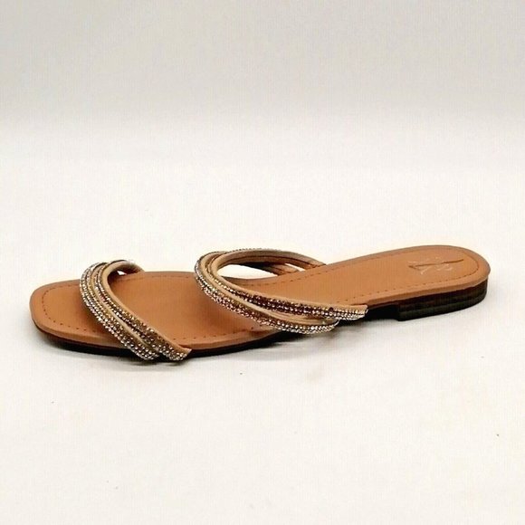 NY&C Womens Slide Sandal Tan Double Rhinestone Covered Straps Low Block‎ Heels 9 - Picture 1 of 9
